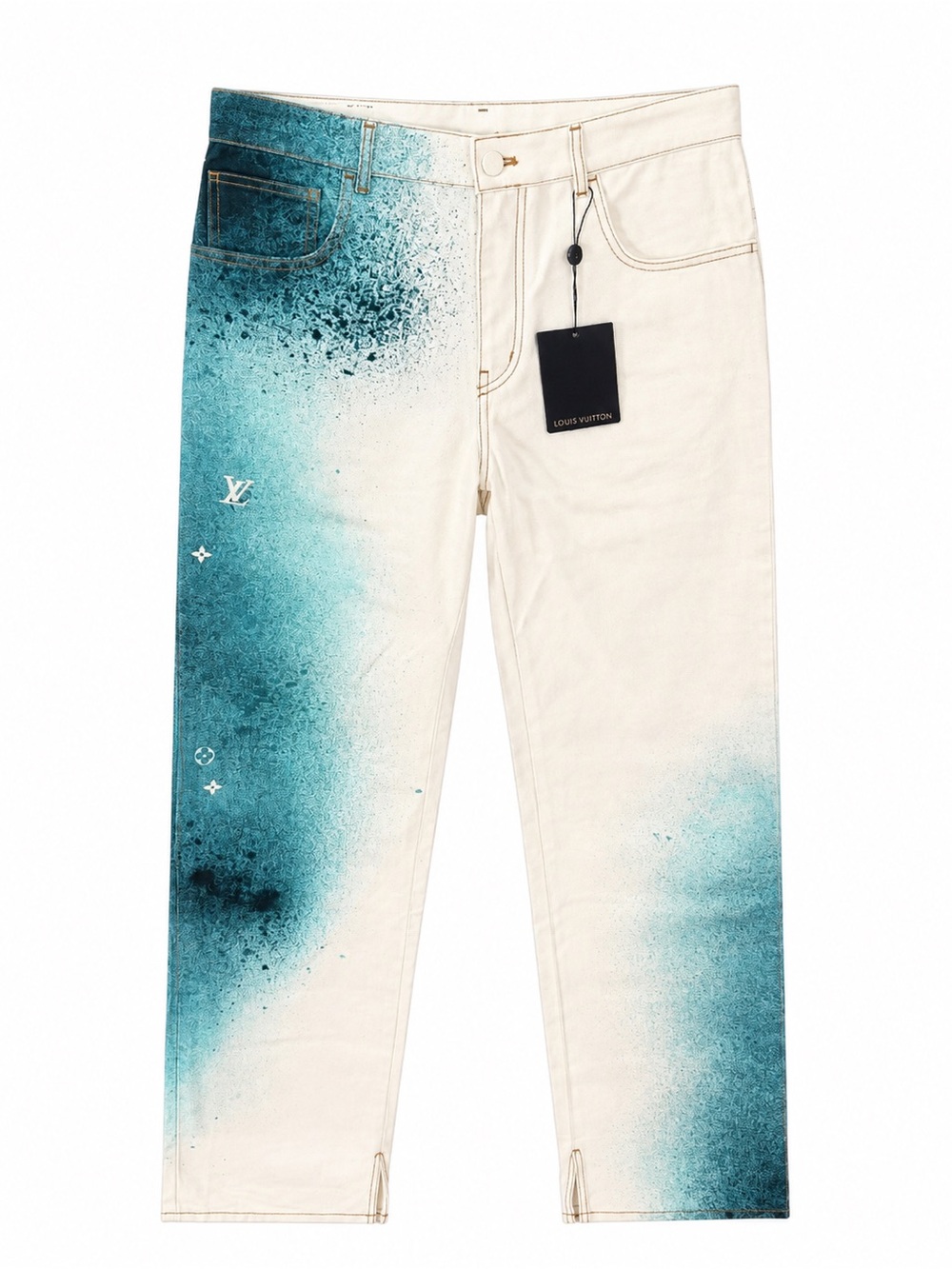 Louis Vuitton Cream and Teal Spray-Effect Slim Straight Jeans